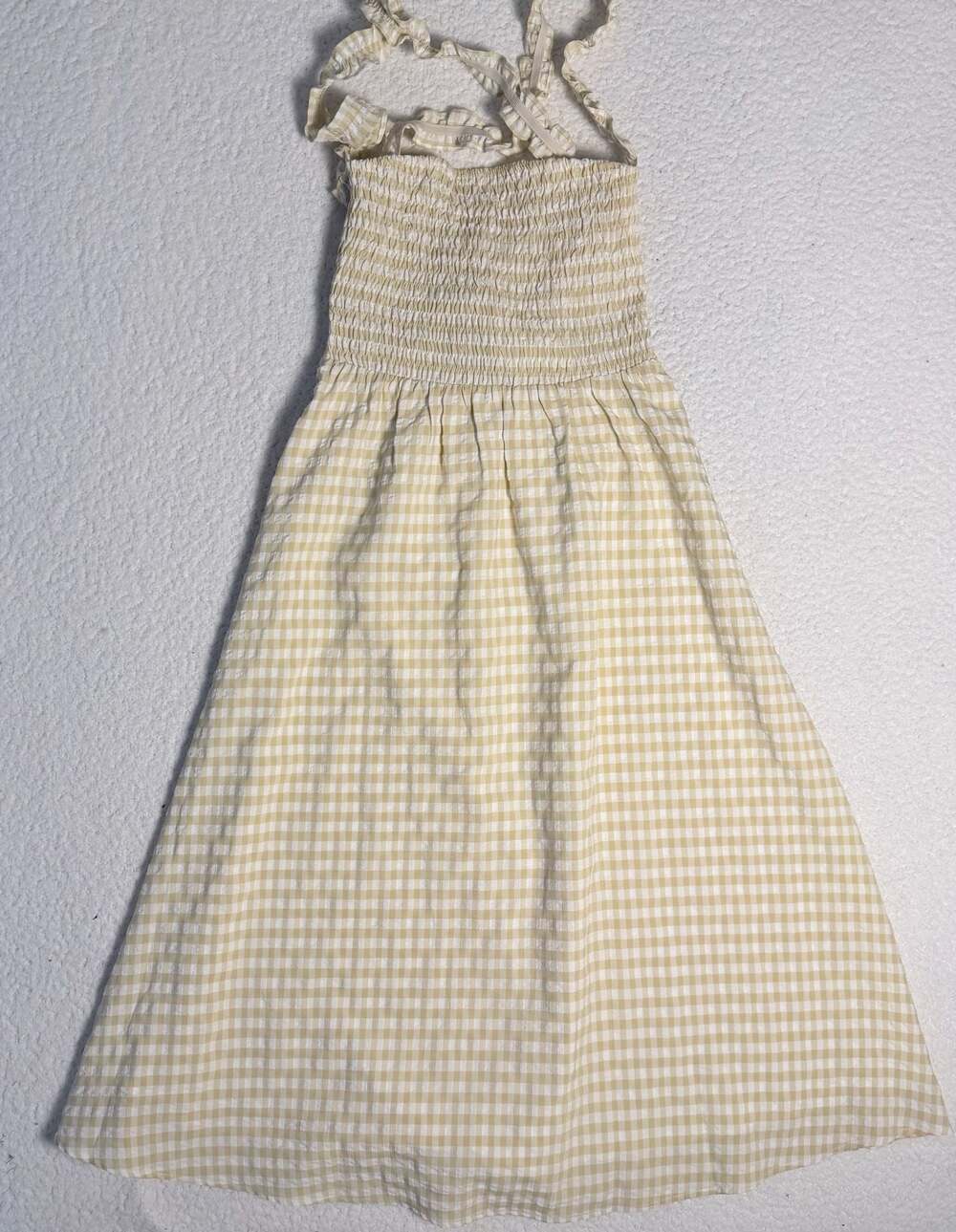 Le Lis Collection Yellow White Gingham Seersucker Smocked Midi Dress Tie Back